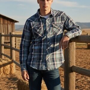 Vintage Wrangler Western Pearl Snap Shirt Blue Plaid Cowboy Rodeo USA 15.5-33